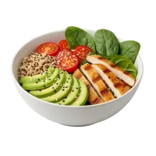 Bol de quinoa con pollo, aguacate y verduras